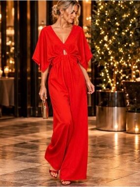 ASOS Red Cutout Wide Leg Jumpsuit US 6 Kimono Sleeve Holiday Party Cocktail